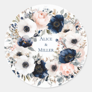 Sticker Rond Mariage floral aux anémones bleues et blanches