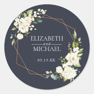 Sticker Rond Mariage floral blanc blanc bleu cuivré géométrique