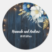 Sticker Rond Mariage Floral blanc en bois bleu rustique (Devant)