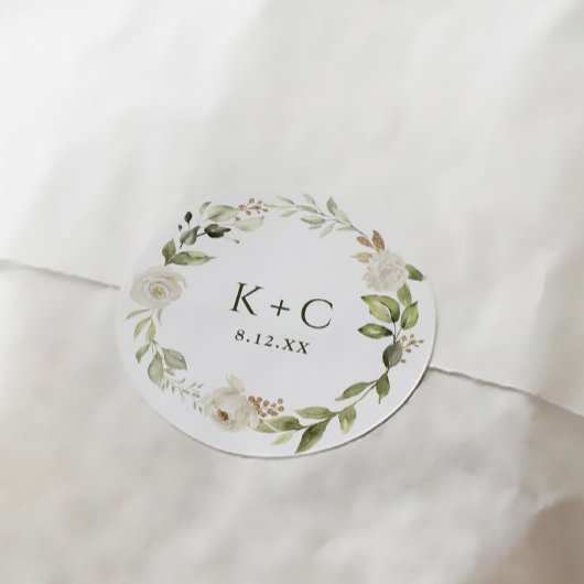 Sticker Rond Mariage Floral Blanc et Verdure