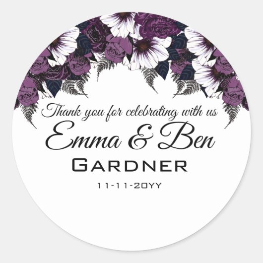 Sticker Rond Mariage floral blanc violet moderne (Devant)