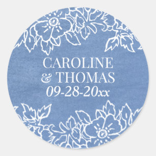 Sticker Rond Mariage Floral bleu-blanc