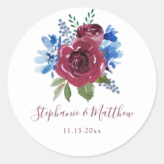 Sticker Rond Mariage floral bleu Bourgogne (Devant)