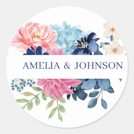 Sticker Rond Mariage floral bleu et blanc (Devant)
