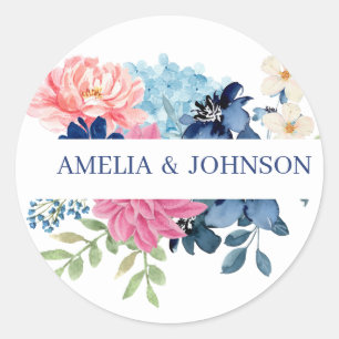 Sticker Rond Mariage floral bleu et blanc