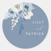 Sticker Rond Mariage floral bleu et blanc moderne (Devant)