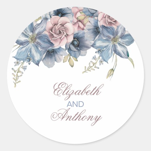 Sticker Rond Mariage floral bleu et mauve Dusty (Devant)