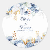 Sticker Rond Mariage floral bleu et or moderne (Devant)