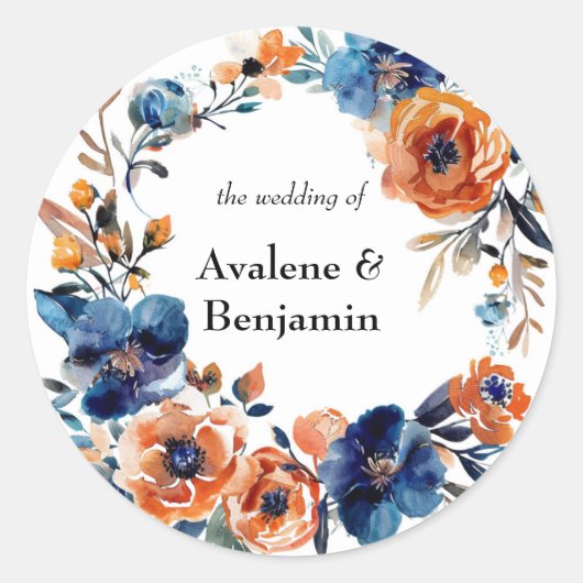 Sticker Rond Mariage floral bleu et orange (Devant)