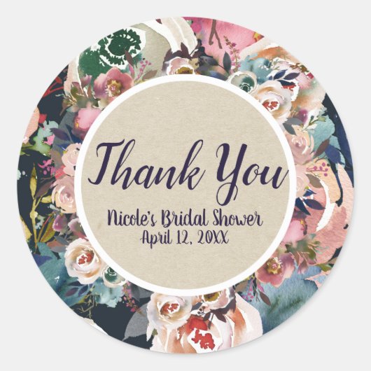 Sticker Rond Mariage floral bleu foncé et rose pâle (Devant)