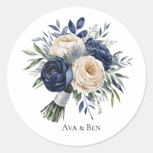 Sticker Rond Mariage floral bleu marine et ivoire