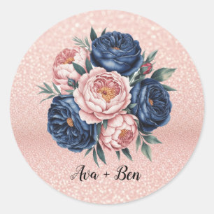 Sticker Rond Mariage floral bleu marine et Rose or