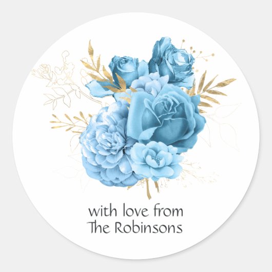 Sticker Rond Mariage floral bleu pastel et or (Devant)