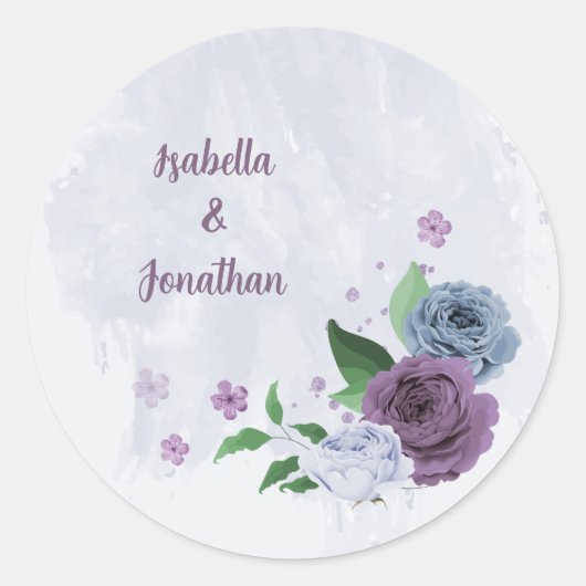 Sticker Rond Mariage floral bleu pourpre et poussiéreux (Devant)