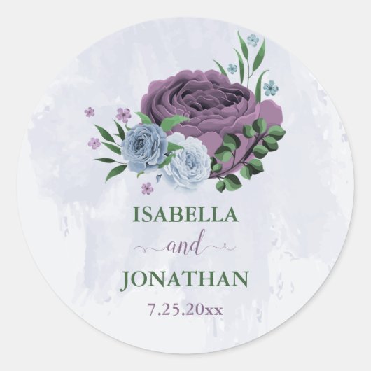 Sticker Rond Mariage floral bleu pourpre et poussiéreux (Devant)