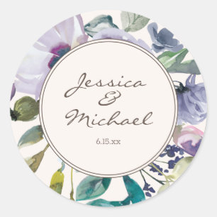 Sticker Rond Mariage Floral Bohème Aquarelle Violet Lilas