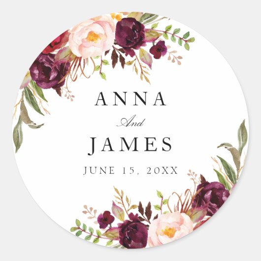 Sticker Rond mariage floral bordeaux et rouge (Devant)
