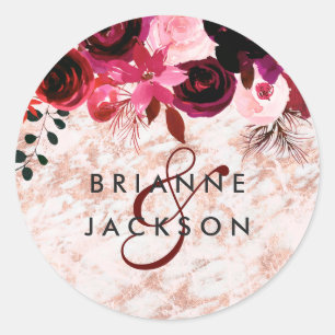 Sticker Rond Mariage Floral Bourgogne & Monogramme Doré Rose