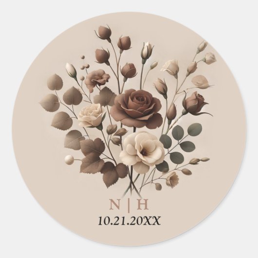 Sticker Rond Mariage Floral Brun Beige Mousse de Café (Devant)