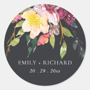 STICKER ROND MARIAGE FLORAL BURGUNDY JAUNE NOIR