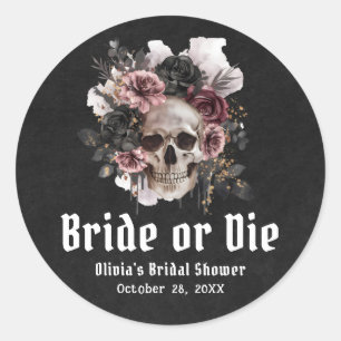 Sticker Rond Mariage Floral Crâne Halloween Épouse ou Meurt Ent