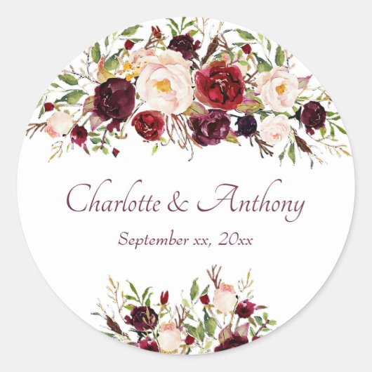 Sticker Rond Mariage floral de Bourgogne profonde (Devant)