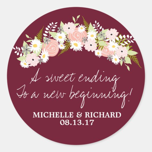 Sticker Rond Mariage floral de couronne rose et bordeaux (Devant)