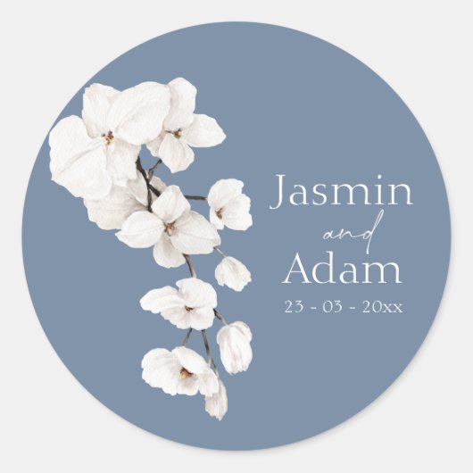 Sticker Rond Mariage floral de l'orchidée bleue Dusty moderne (Devant)