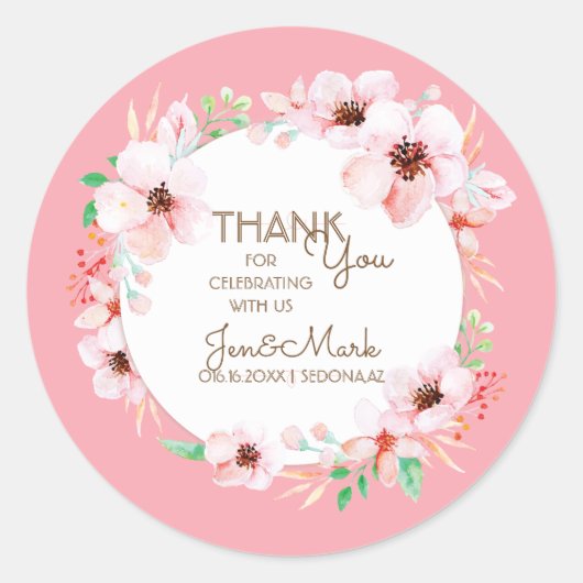 Sticker Rond Mariage floral de printemps moderne. Merci. (Devant)