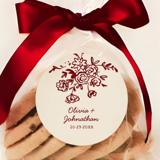 Sticker Rond Mariage Floral Dessiné à la Main