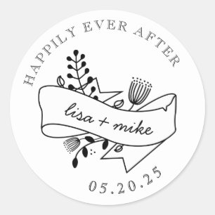 Sticker Rond Mariage Floral Dessiné à la Main Happily Ever Afte