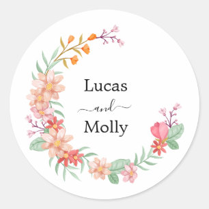 Sticker Rond Mariage floral d'été rose et orange