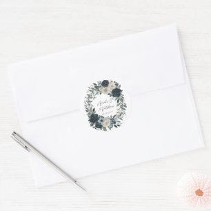 Sticker Rond Mariage floral d'ivoire élégant bleu marine et arg