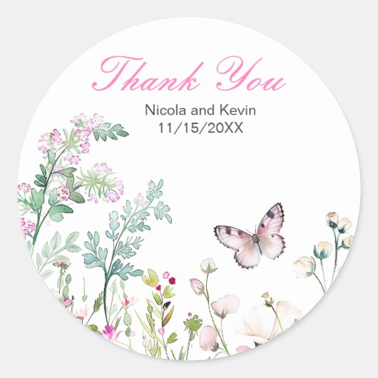 Sticker Rond Mariage floral du papillon vert du printemps (Devant)