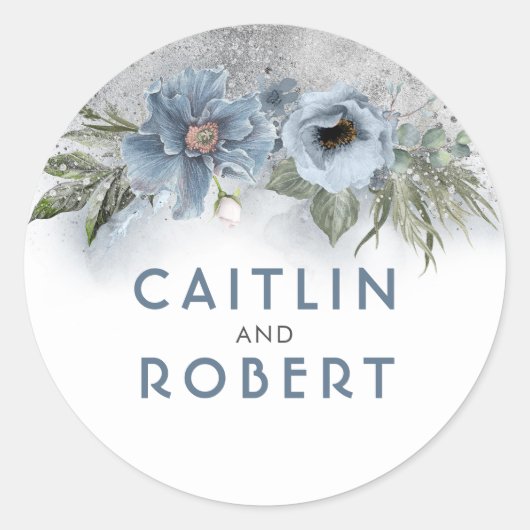 Sticker Rond Mariage floral Dusty Blue et Silver Parties scinti (Devant)