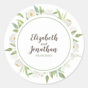 Sticker Rond Mariage floral élégant d'aquarelle blanche et