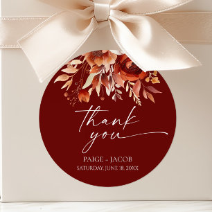 Sticker Rond Mariage Floral Fleur Brun Bordeaux Rouillé