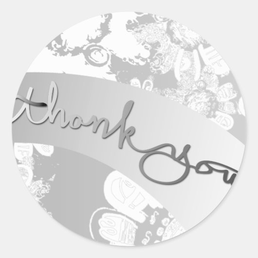 Sticker Rond mariage floral gris argenté blanc "Merci" (Devant)
