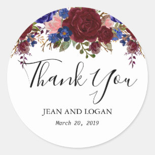 Sticker Rond Mariage Floral Merci Marine Bourgogne