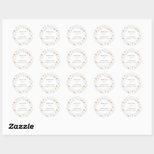 Sticker Rond Mariage Floral Moderne Fleurs Sauvages Bohème Chic (Feuille)