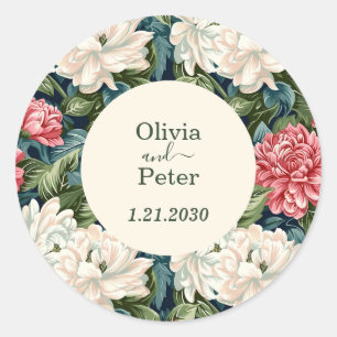 Sticker Rond Mariage Floral Moderne Rose et Blanc