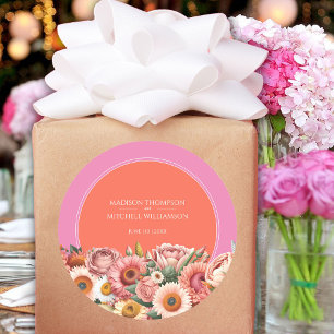 Sticker Rond Mariage Floral Moderne Rose Orange Lever de Soleil
