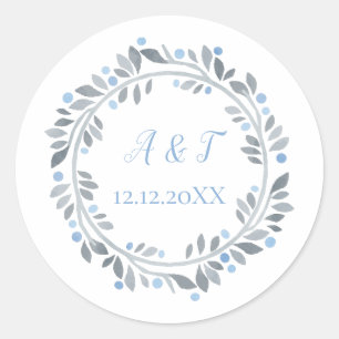 Sticker Rond Mariage Floral Monogramme Blanc Gris Bleu