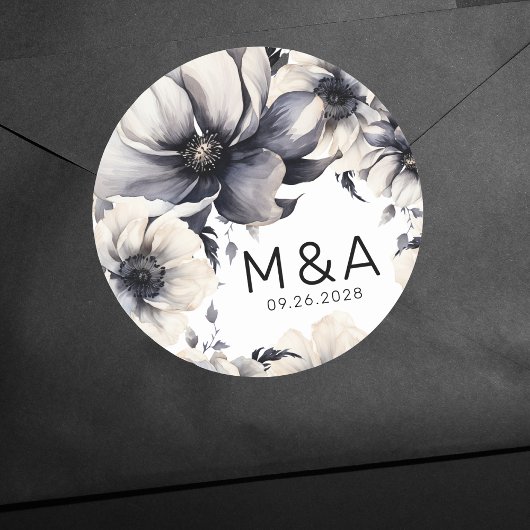 Sticker Rond Mariage floral noir blanc noir