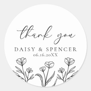 Sticker Rond Mariage floral noir & blanc simple Faveur