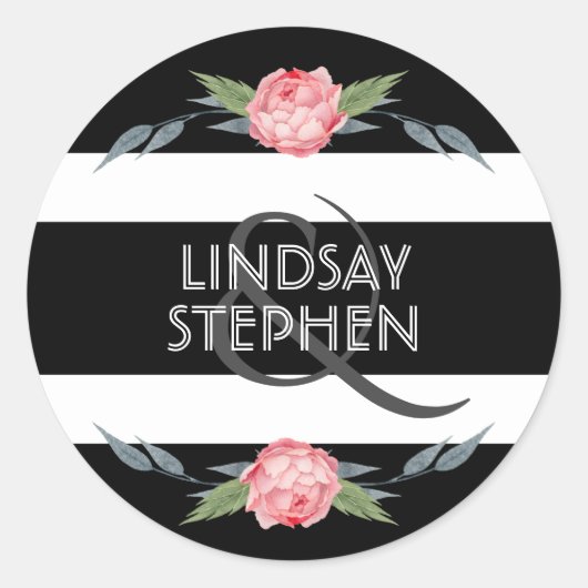 Sticker Rond Mariage floral noir et blanc (Devant)