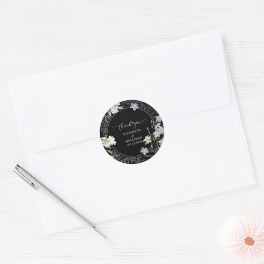 Sticker Rond Mariage floral noir et blanc (Enveloppe)