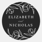 Sticker Rond Mariage floral noir et blanc esquissé (Devant)