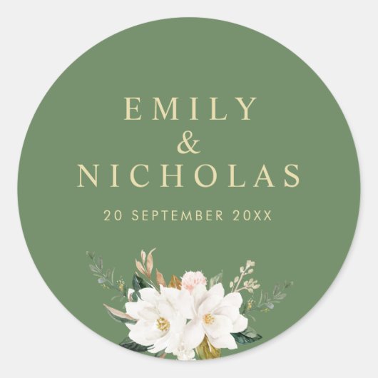 Sticker Rond mariage floral or et magnolia blanc (Devant)