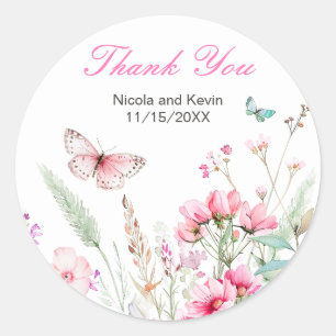 Sticker Rond Mariage floral papillon rose de printemps